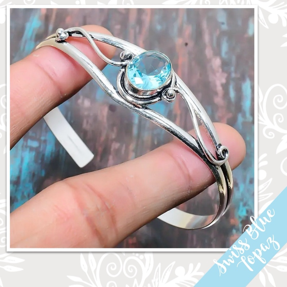Swiss Blue Topaz Eclectic Silver Artisan Cuff Bangle Bracelet (Light Blue)